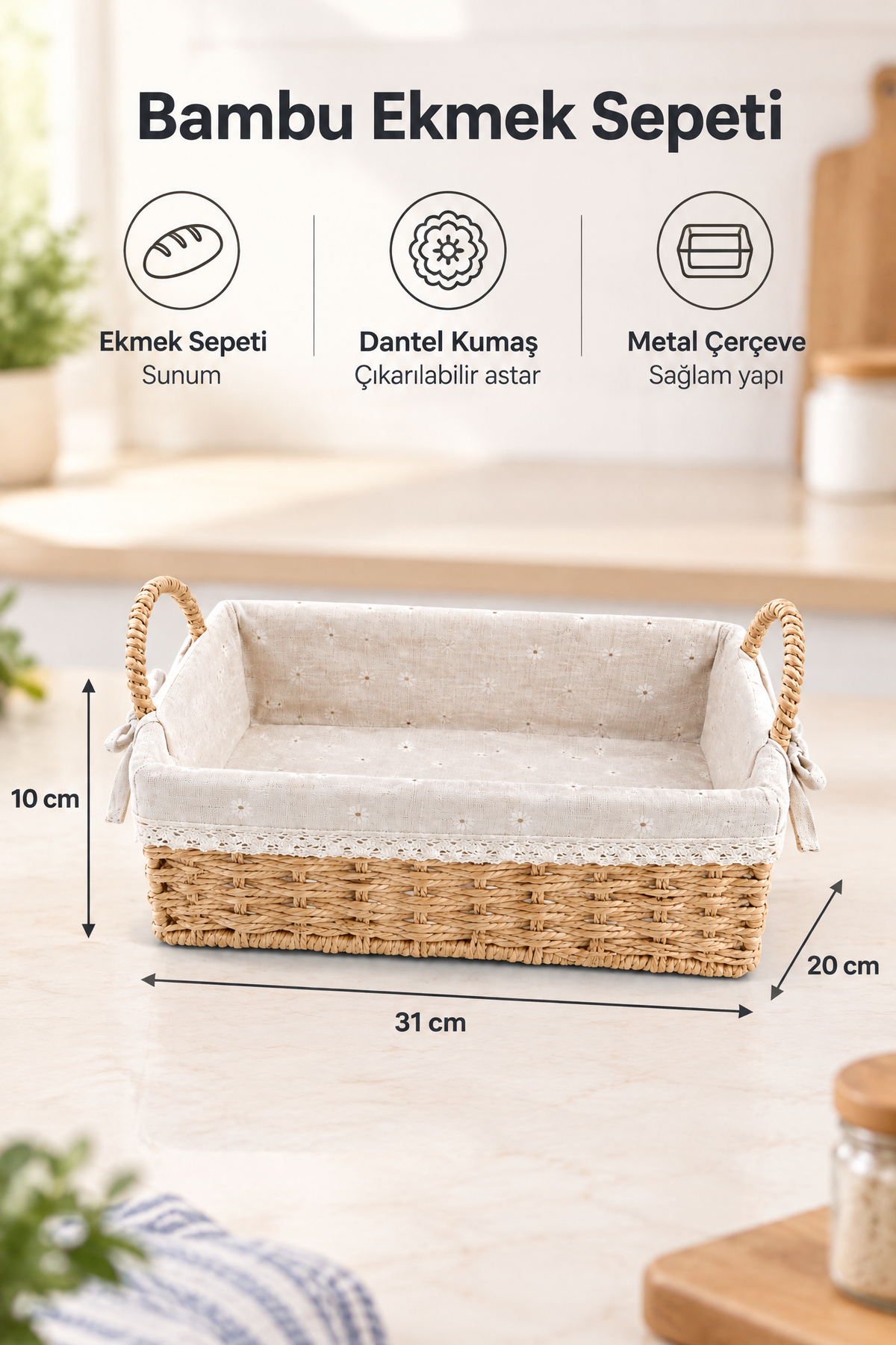 Bambu Ekmek Sepeti, 31x20x10 cm, Dantelli Çiçek Desenli Kumaş, Metal Çerçeve
