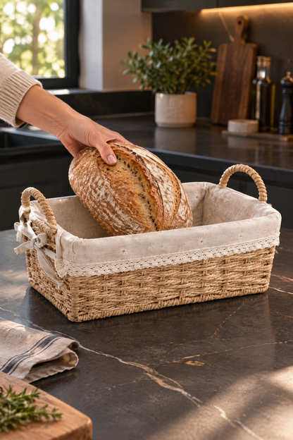 Bambu Ekmek Sepeti, 31x20x10 cm, Dantelli Çiçek Desenli Kumaş, Metal Çerçeve