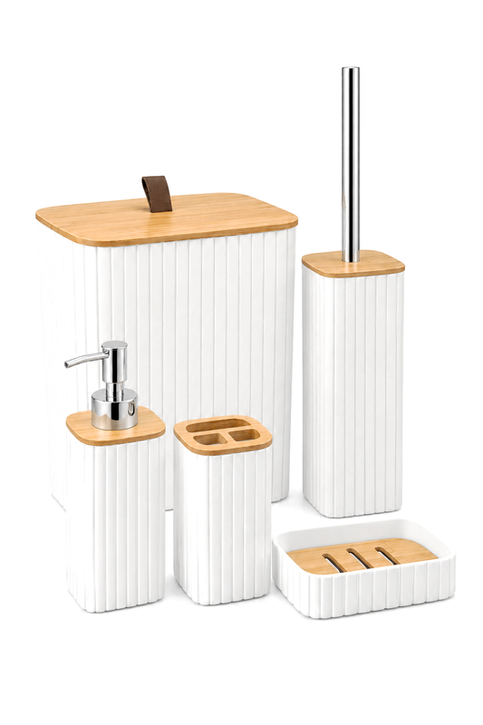 Bambu Kapaklı Çizgili Dikdörtgen 5 Parça Banyo Seti, 21 x 19 x 24 cm. – Beyaz