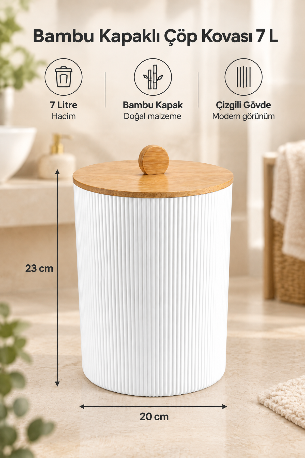 Doğal Bambu Kapaklı Çöp Kovası, 7 Litre, 20x23 cm Modern Şık Tasarım