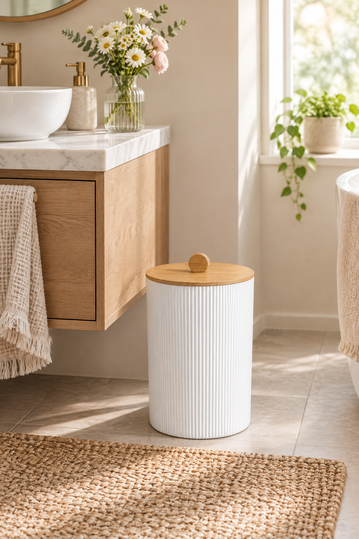 Doğal Bambu Kapaklı Çöp Kovası, 7 Litre, 20x23 cm Modern Şık Tasarım