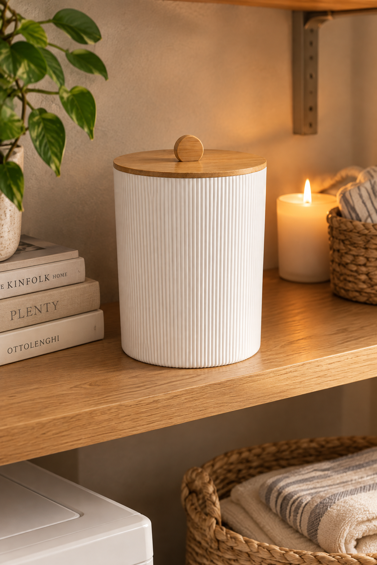 Doğal Bambu Kapaklı Çöp Kovası, 7 Litre, 20x23 cm Modern Şık Tasarım