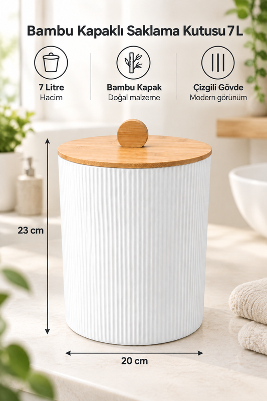Orijinal Bambu Kapaklı Saklama Kutusu, 7 Litre, 20x23 cm