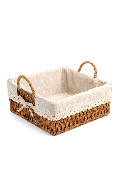 Ekmek Sepeti, x x 10 cm, Dantelli Çiçek Desenli Kumaş, Metal Çerçeve – Kare Bambu