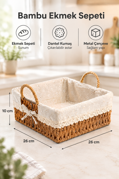Ekmek Sepeti, x x 10 cm, Dantelli Çiçek Desenli Kumaş, Metal Çerçeve – Kare Bambu