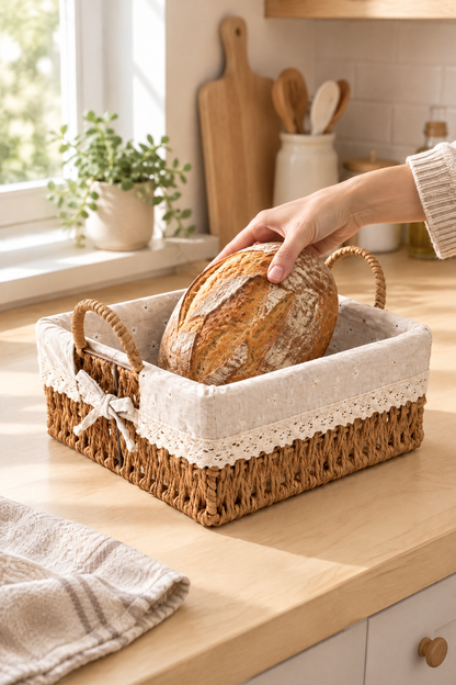 Ekmek Sepeti, x x 10 cm, Dantelli Çiçek Desenli Kumaş, Metal Çerçeve – Kare Bambu