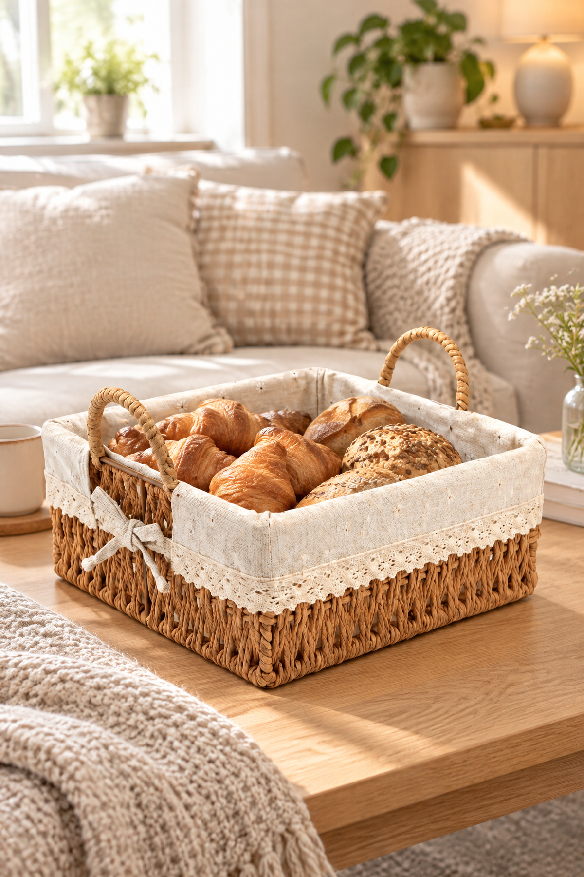 Ekmek Sepeti, x x 10 cm, Dantelli Çiçek Desenli Kumaş, Metal Çerçeve – Kare Bambu