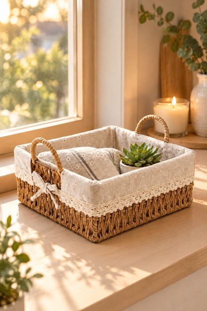 Ekmek Sepeti, x x 10 cm, Dantelli Çiçek Desenli Kumaş, Metal Çerçeve – Kare Bambu