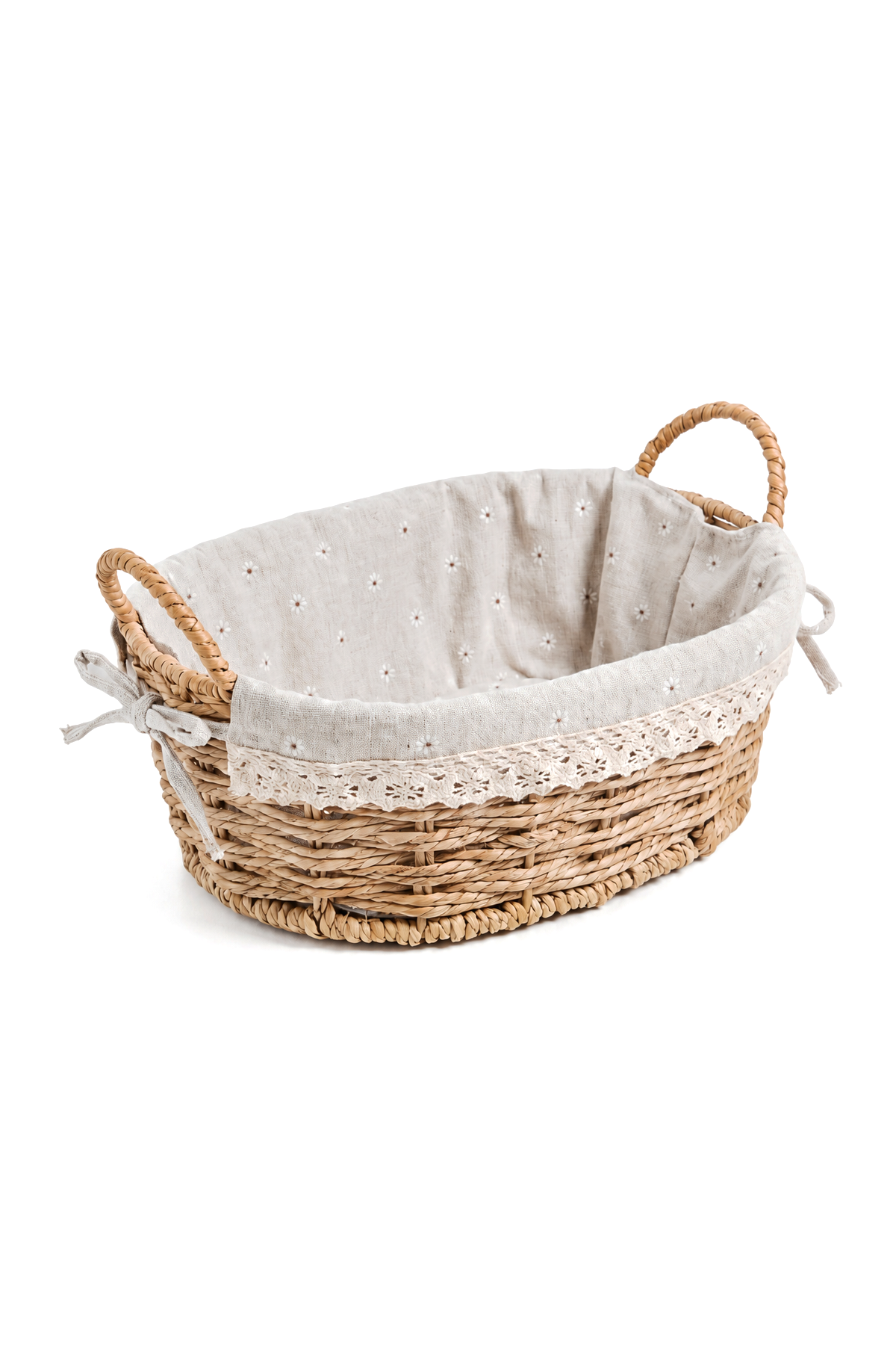 Ekmek Sepeti, x x 10 cm, Dantelli Çiçek Desenli Kumaş, Metal Çerçeve – Oval Bambu
