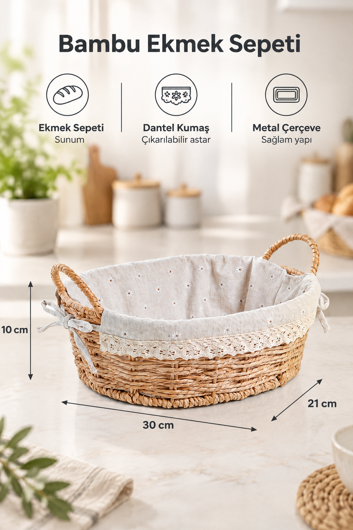 Ekmek Sepeti, x x 10 cm, Dantelli Çiçek Desenli Kumaş, Metal Çerçeve – Oval Bambu
