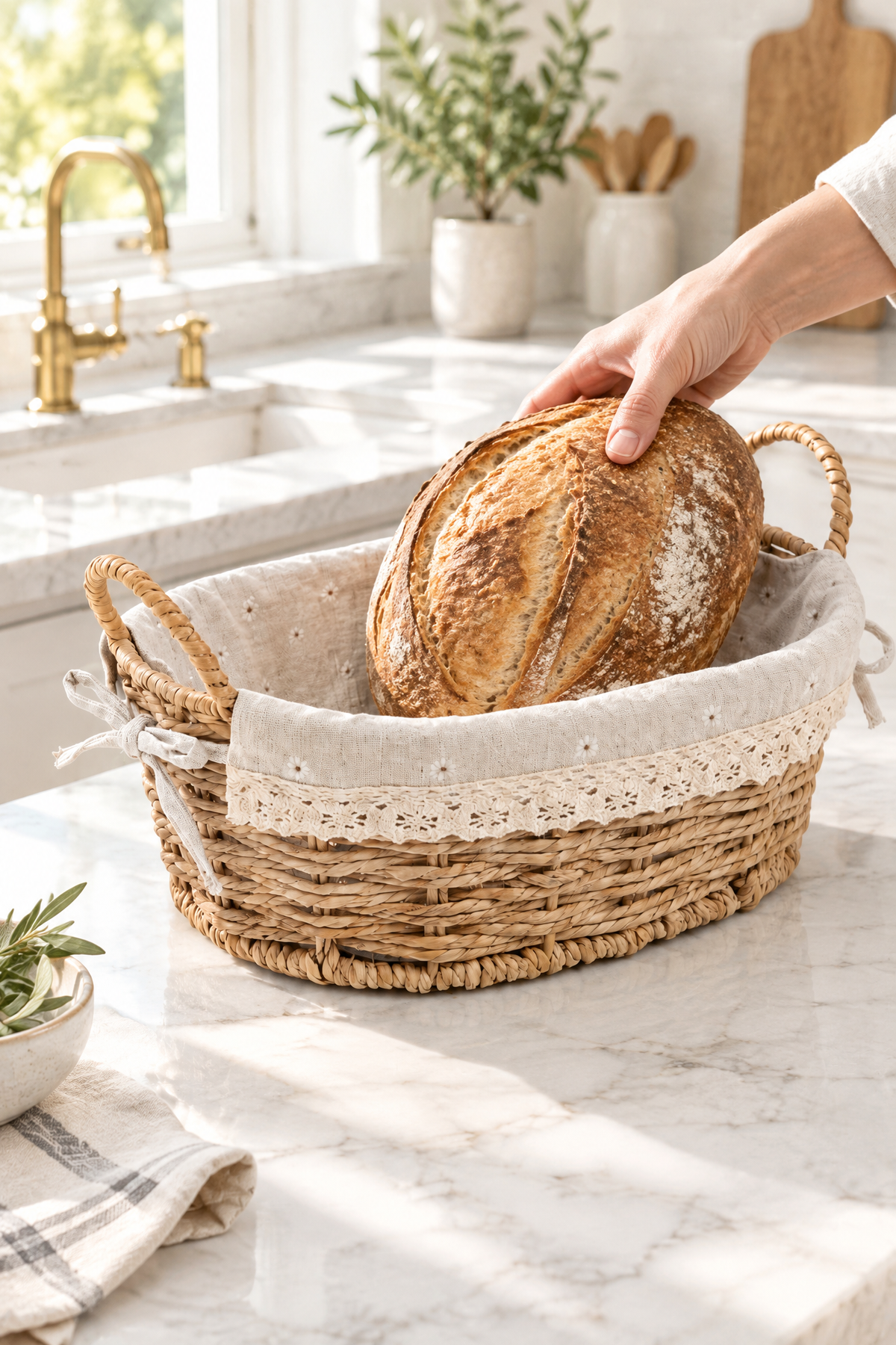 Ekmek Sepeti, x x 10 cm, Dantelli Çiçek Desenli Kumaş, Metal Çerçeve – Oval Bambu