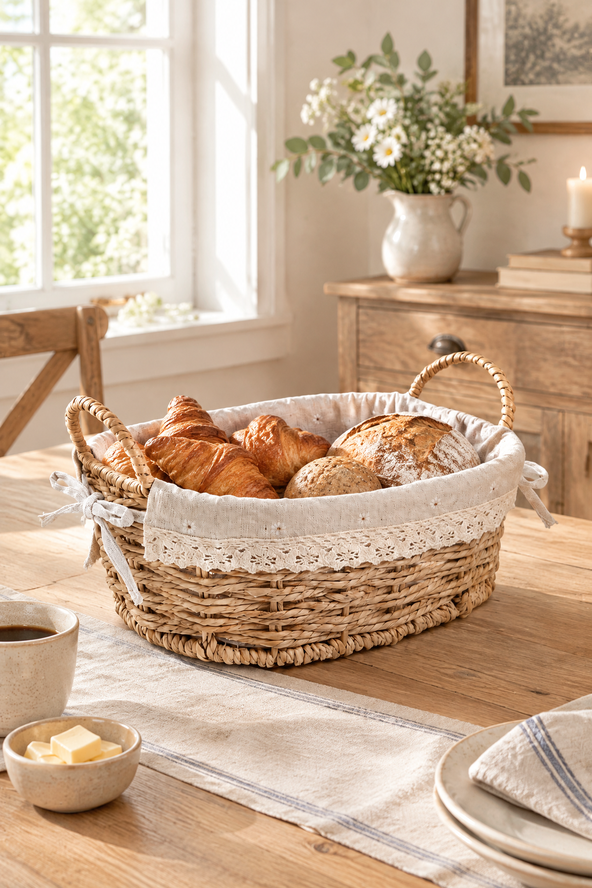 Ekmek Sepeti, x x 10 cm, Dantelli Çiçek Desenli Kumaş, Metal Çerçeve – Oval Bambu