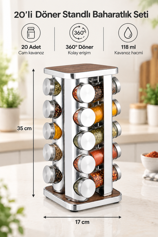 20’li Ahşap Desenli Krom Kare 360° Döner Standlı Baharatlık Cam Kavanoz Seti 118 ml