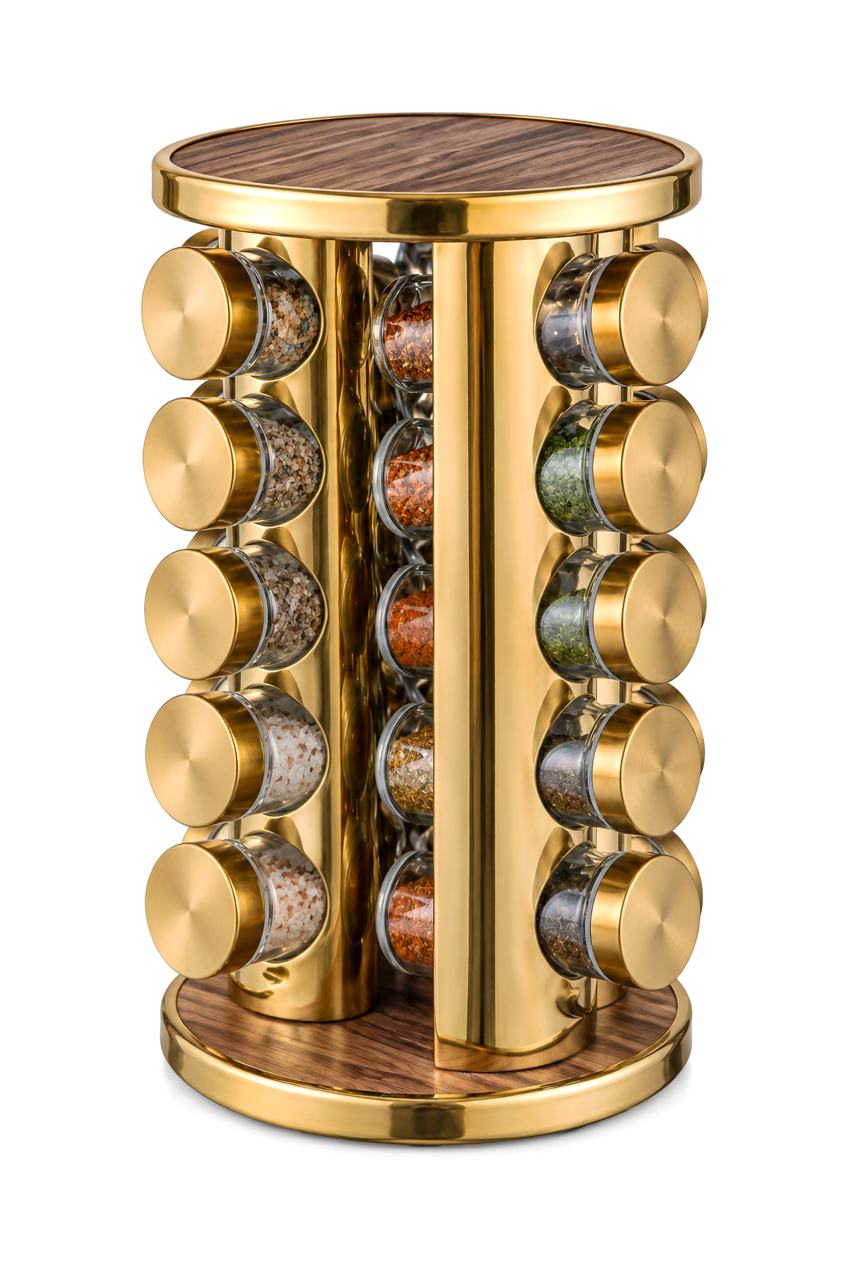 20’li Ahşap Desenli Gold Yuvarlak 360° Döner Standlı Baharatlık Cam Kavanoz Seti 118 ml
