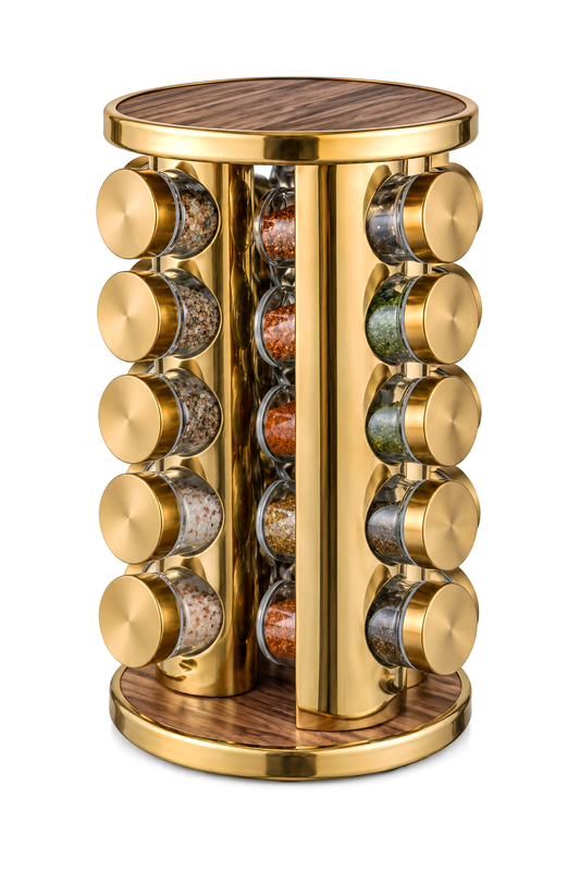 20’li Ahşap Desenli Gold Yuvarlak 360° Döner Standlı Baharatlık Cam Kavanoz Seti 118 ml