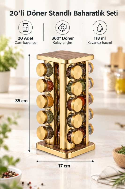 20’li Ahşap Desenli Gold Kare 360° Döner Standlı Baharatlık Cam Kavanoz Seti 118 ml