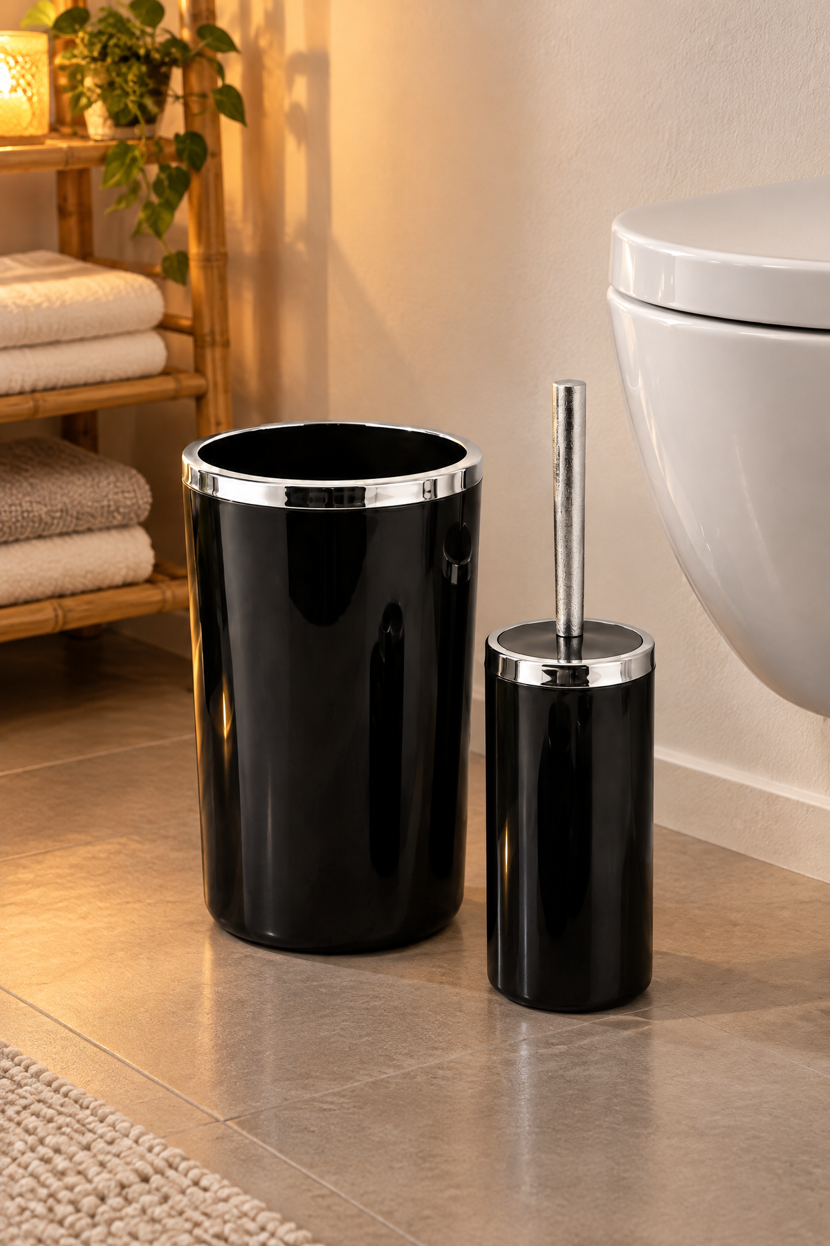 5 Parça Şık ve Kaliteli Akrilik Banyo Seti Siyah & Gümüş Detaylı
