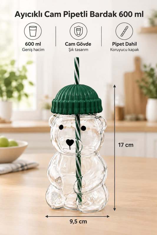 Ayıcıklı Tasarım Cam Matara Pipetli Koruyucu Başlıklı Bardak 600 ml (Yeşil, Sarı, Mavi, Siyah, Kırmızı Renk Seçenekleri) – Yeşil MK-203A