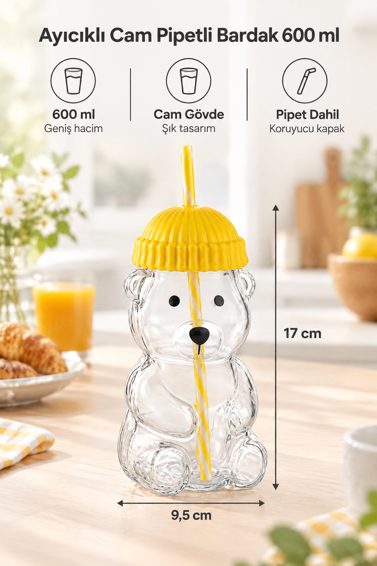 Ayıcıklı Tasarım Cam Matara Pipetli Koruyucu Başlıklı Bardak 600 ml (Yeşil, Sarı, Mavi, Siyah, Kırmızı Renk Seçenekleri) – Sarı MK-203B