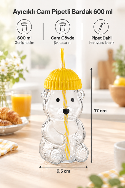 Ayıcıklı Tasarım Cam Matara Pipetli Koruyucu Başlıklı Bardak 600 ml (Yeşil, Sarı, Mavi, Siyah, Kırmızı Renk Seçenekleri) – Sarı MK-203B
