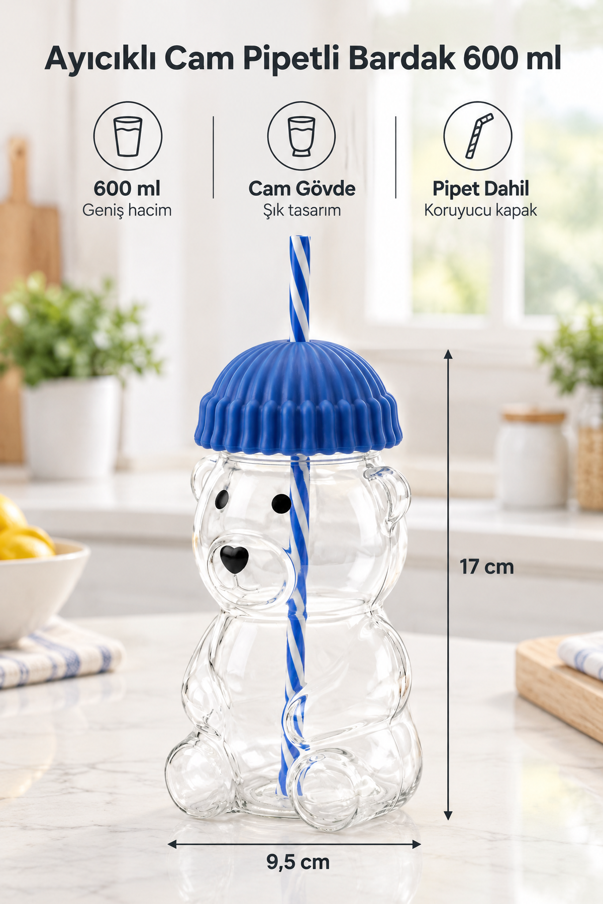 Ayıcıklı Tasarım Cam Matara Pipetli Koruyucu Başlıklı Bardak 600 ml (Yeşil, Sarı, Mavi, Siyah, Kırmızı Renk Seçenekleri) – Mavi MK-203C