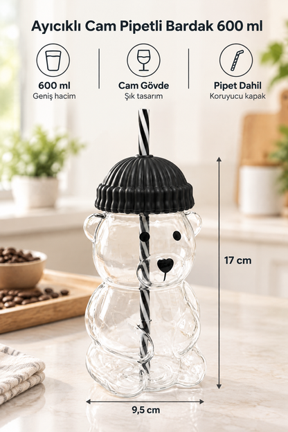 Ayıcıklı Tasarım Cam Matara Pipetli Koruyucu Başlıklı Bardak 600 ml (Yeşil, Sarı, Mavi, Siyah, Kırmızı Renk Seçenekleri) – Siyah MK-203D