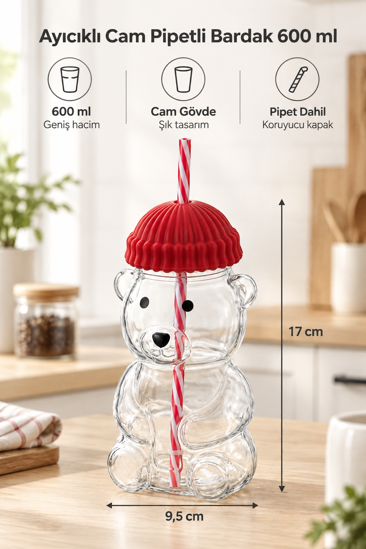 Ayıcıklı Tasarım Cam Matara Pipetli Koruyucu Başlıklı Bardak 600 ml (Yeşil, Sarı, Mavi, Siyah, Kırmızı Renk Seçenekleri) – Kırmızı MK-203E