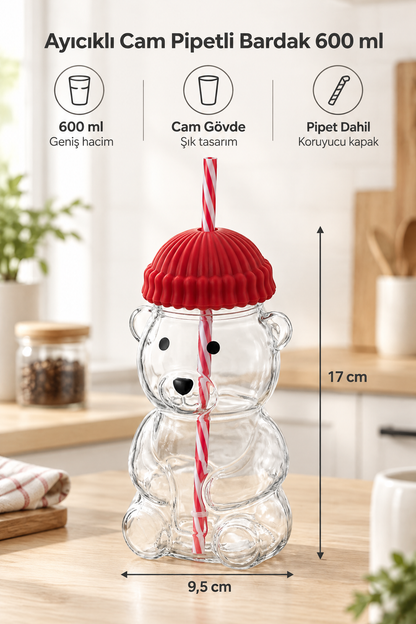 Ayıcıklı Tasarım Cam Matara Pipetli Koruyucu Başlıklı Bardak 600 ml (Yeşil, Sarı, Mavi, Siyah, Kırmızı Renk Seçenekleri) – Kırmızı MK-203E