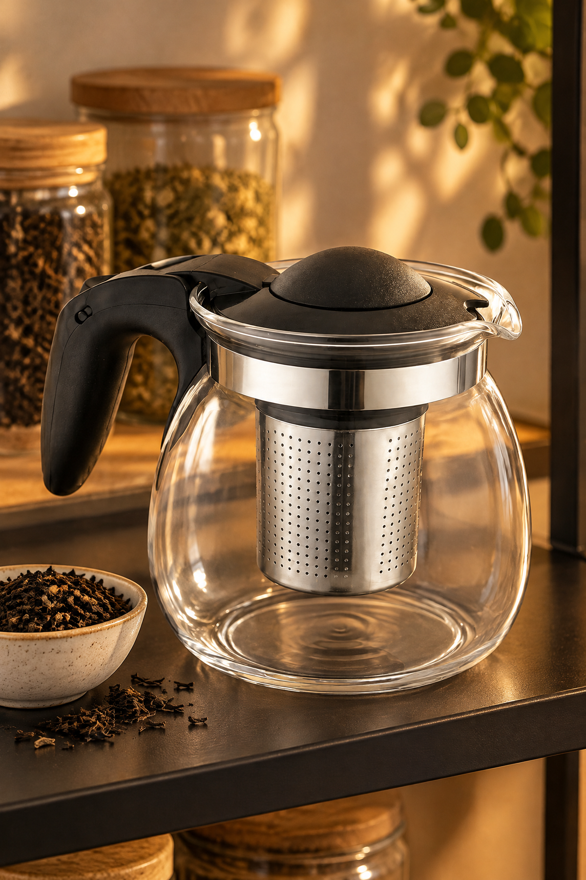 900 ML Çelik Süzgeçli Cam Demlik