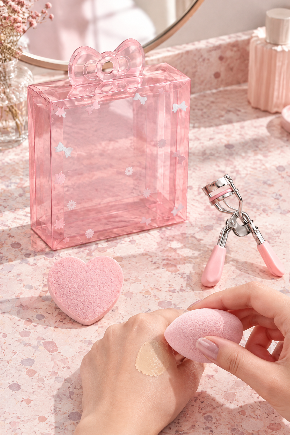 8 Parça Pembe Makyaj Süngeri, Fırçası ve Kirpik Kıvırıcı Seti