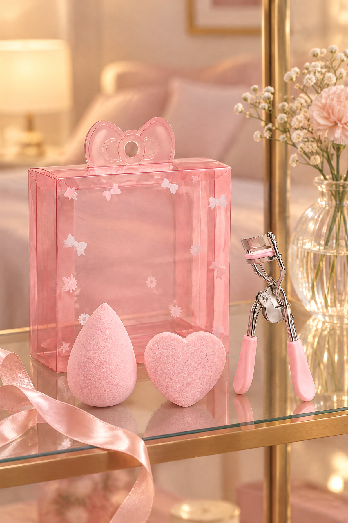 8 Parça Pembe Makyaj Süngeri, Fırçası ve Kirpik Kıvırıcı Seti