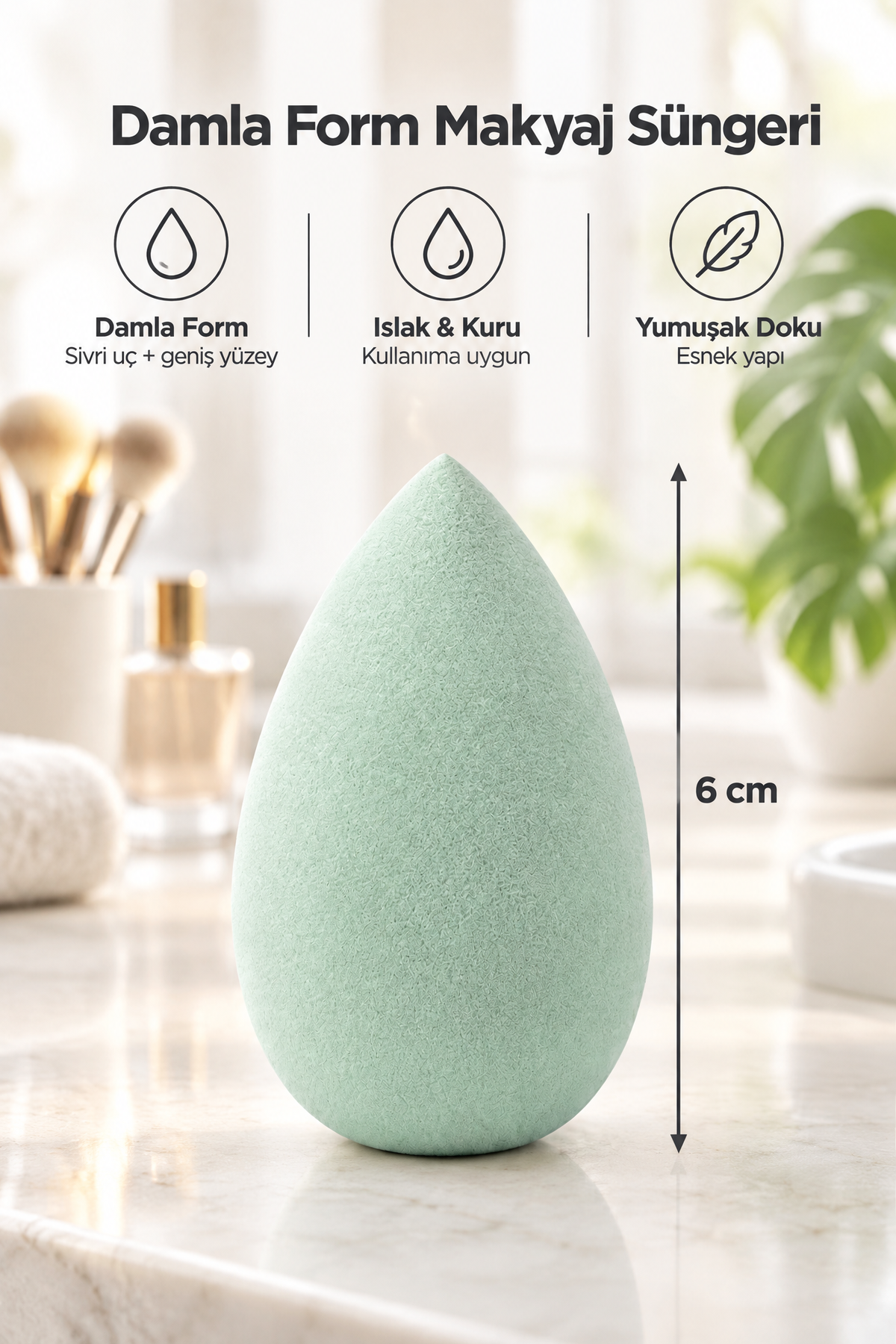 Makyaj Süngeri Yeşil Beauty Blender Fondöten ve Kapatıcı Uygulama Süngeri, 6 cm