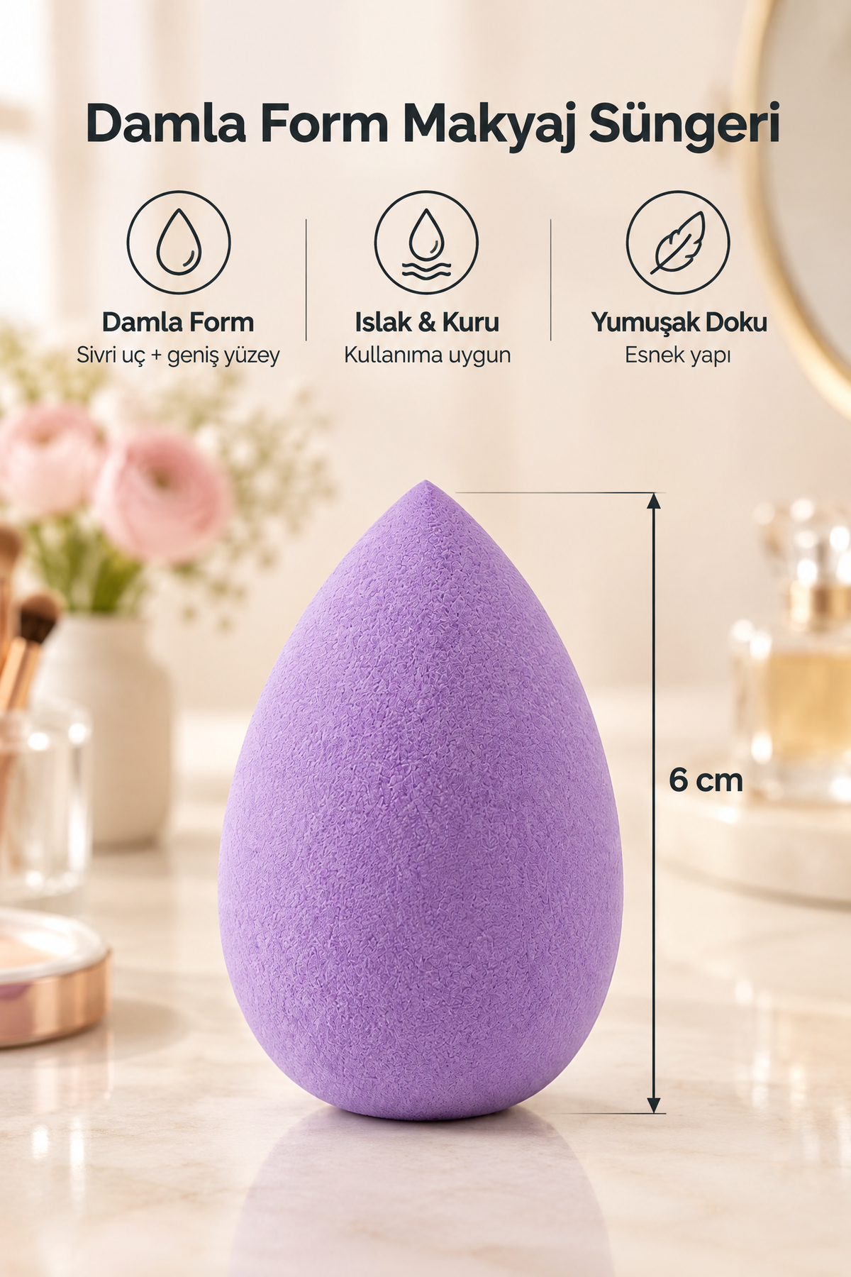 Makyaj Süngeri Mor Beauty Blender Fondöten ve Kapatıcı Uygulama Süngeri, 6 cm