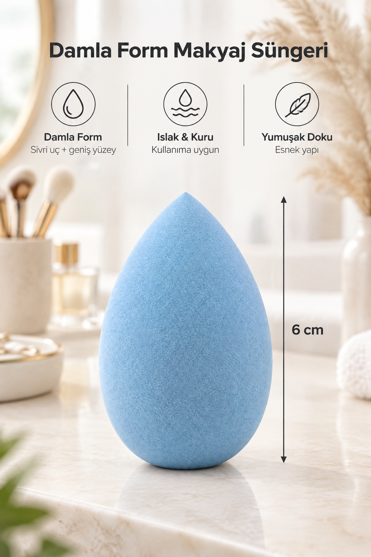 Makyaj Süngeri Mavi Beauty Blender Fondöten ve Kapatıcı Uygulama Süngeri, 6 cm