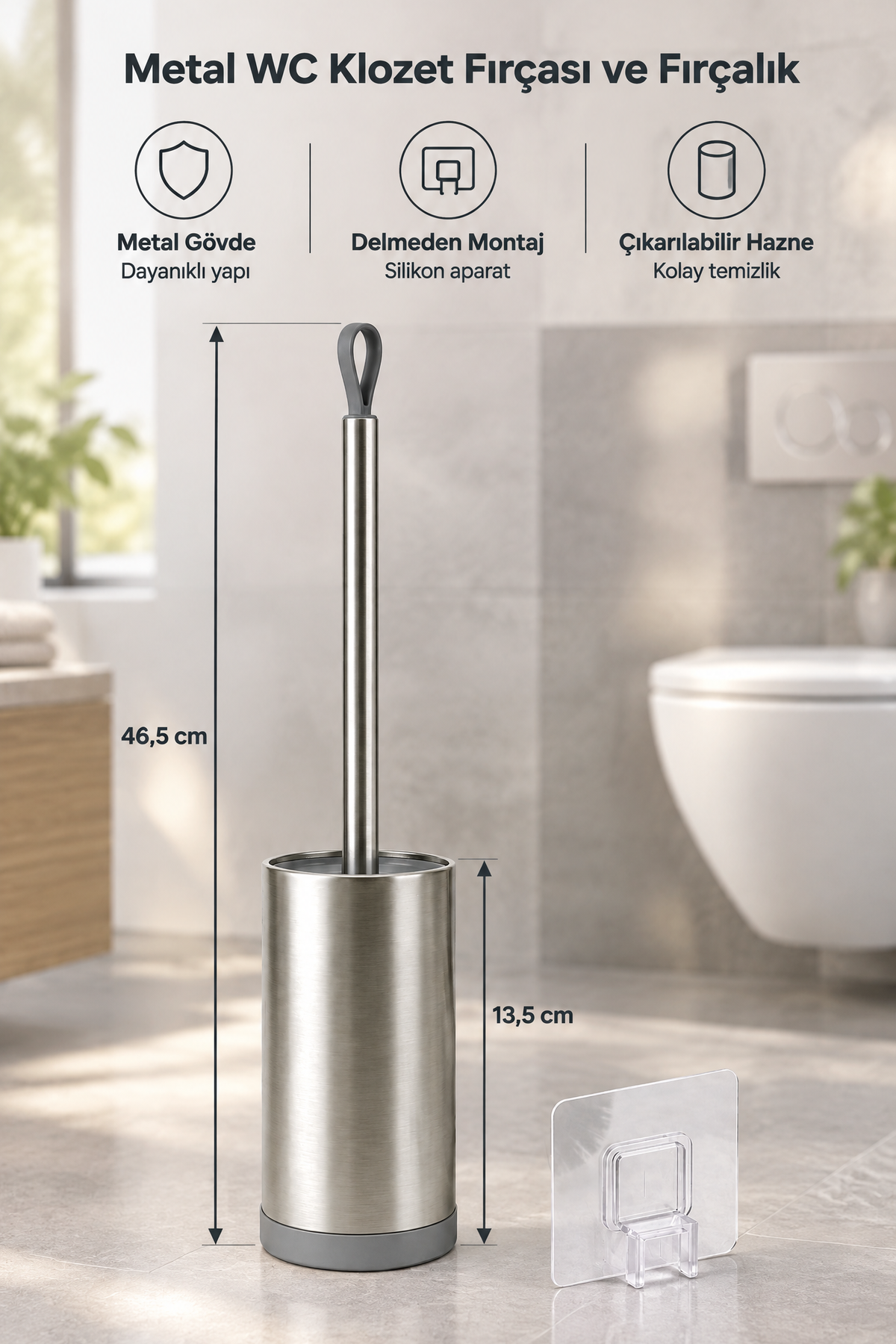 Metal WC Klozet Fırçası ve Fırçalık, Duvara Monte Edilebilir, 47 cm.
