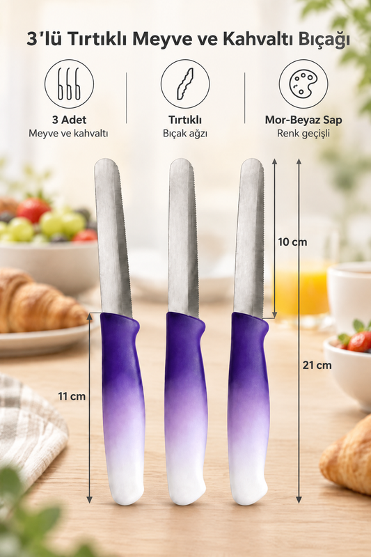 3'lü Tırtıklı Meyve ve Kahvaltı Bıçağı Seti Mor-Beyaz Saplı 21 cm
