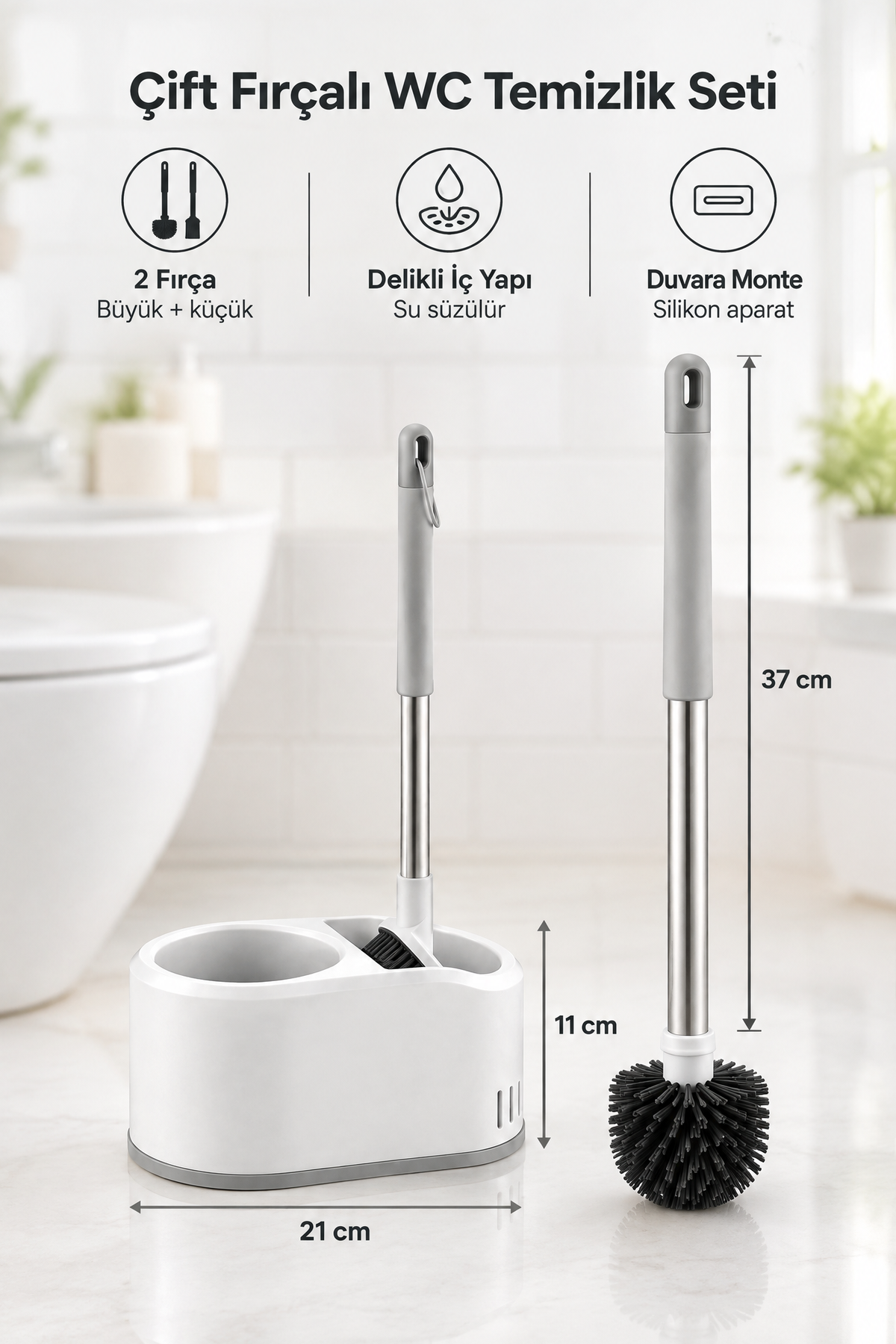 Çift Fırçalı WC Temizlik Seti, Beyaz, Duvara Monte Edilebilir, 51 cm