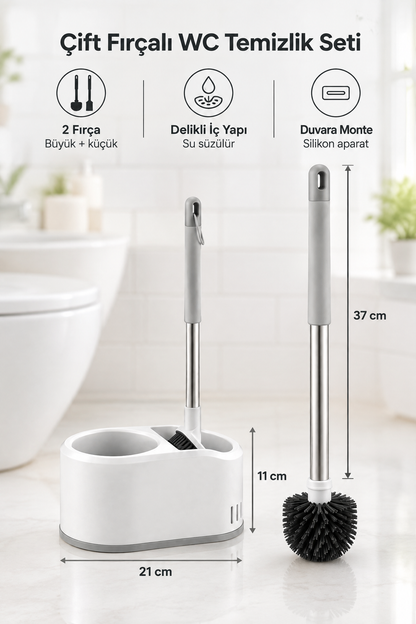 Çift Fırçalı WC Temizlik Seti, Beyaz, Duvara Monte Edilebilir, 51 cm