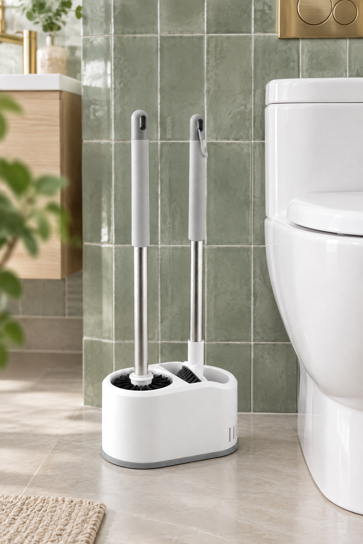 Çift Fırçalı WC Temizlik Seti, Beyaz, Duvara Monte Edilebilir, 51 cm