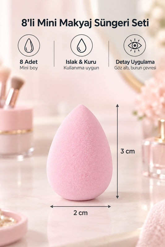 Mini Boy 8'li Pembe Makyaj Süngeri Seti- 2 cm x 3 cm Makyaj Uygulama Süngeri