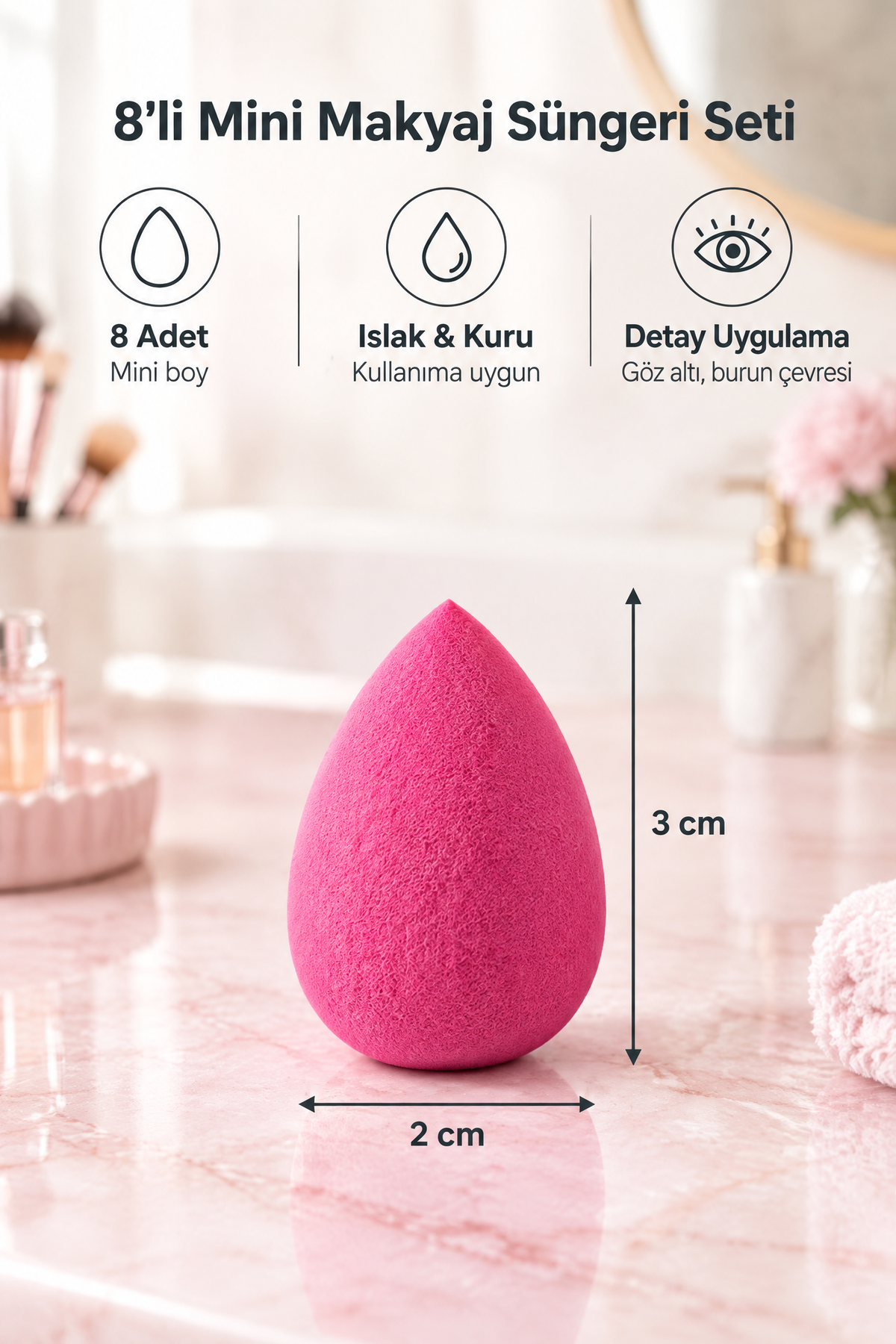 Mini Boy 8'li Koyu Pembe Makyaj Süngeri Seti- 2 cm x 3 cm Makyaj Uygulama Süngeri
