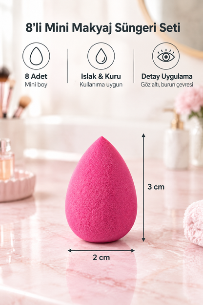 Mini Boy 8'li Koyu Pembe Makyaj Süngeri Seti- 2 cm x 3 cm Makyaj Uygulama Süngeri