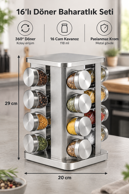 16'lı 360° Döner Baharatlık Seti Krom Kare Stantlı 118 ml Cam Kavanoz –29x20 cm