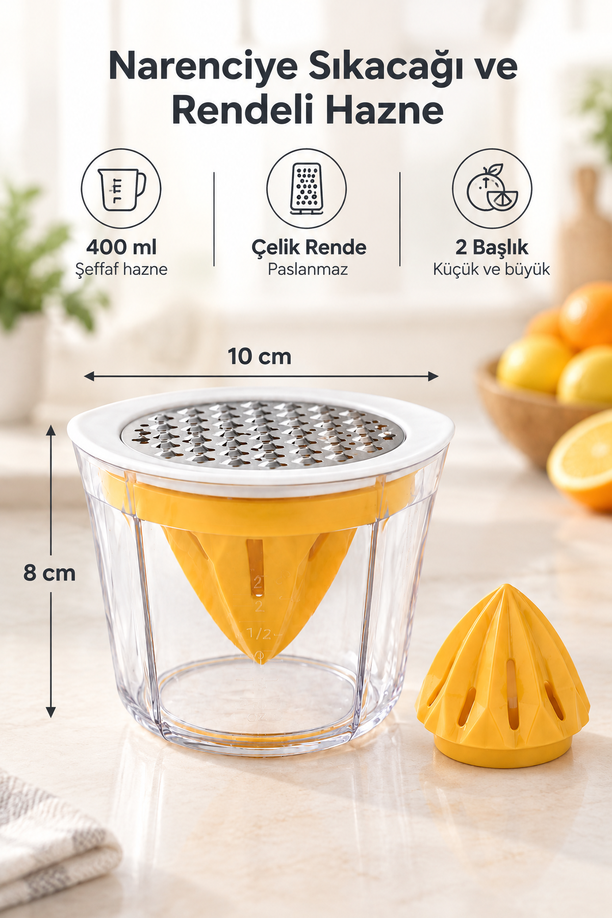Narenciye Meyve Sıkacağı ve Rendeli Hazne, 400 ml, 10x8 cm