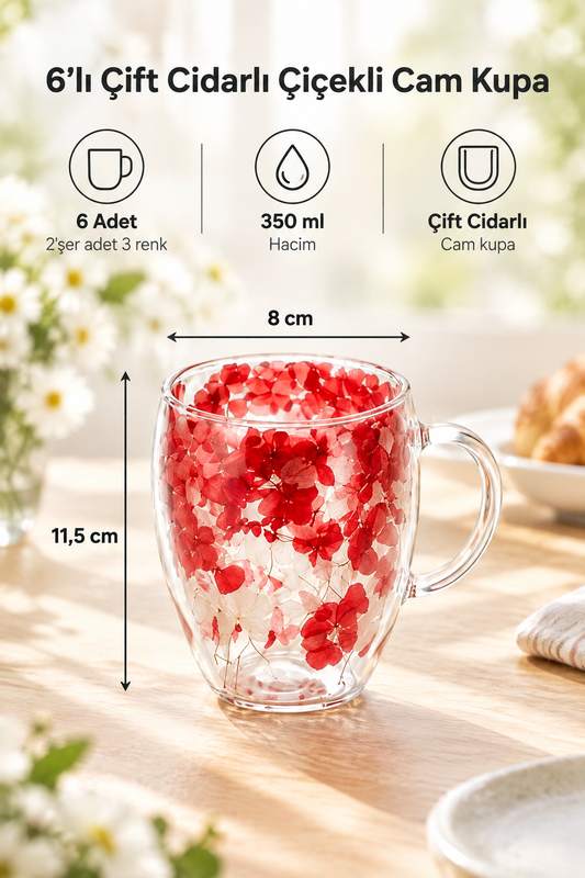 6'lı Çift Cidarlı Çiçekli Cam Kupa Seti, 2'şer adet KırmızıBeyaz-MaviBeyaz-Sarı Kupa, 350 ml
