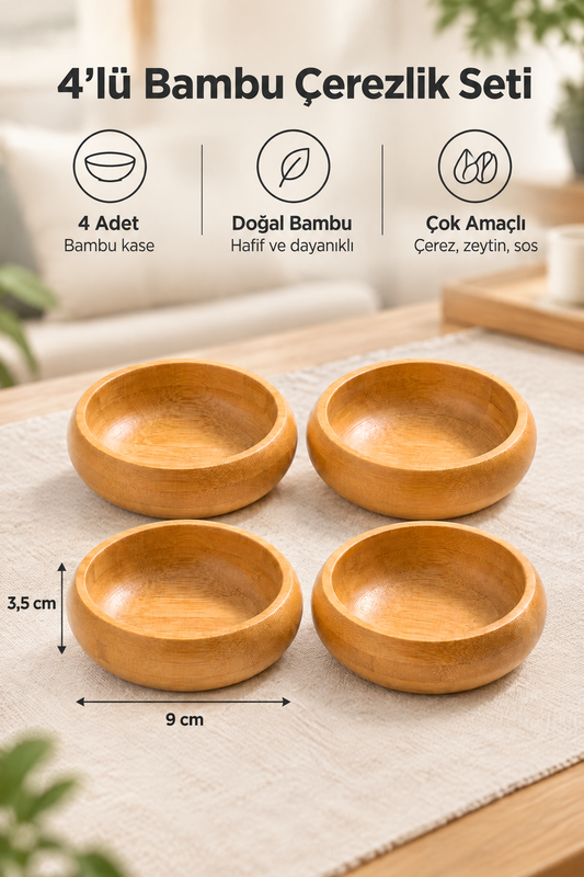 4'lü Bambu Çerezlik Seti – Doğal ve Şık Sunum Kaseleri (9 cm çap, 3,5 cm yükseklik)