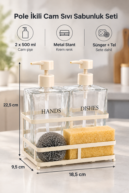 Krem Metal Stantlı Pole İkili Cam Sıvı Sabunluk Seti – 2 x 500 ml, 18,5 x 9,5 x 22,5 cm, Sünger ve Bulaşık Teli Dahil