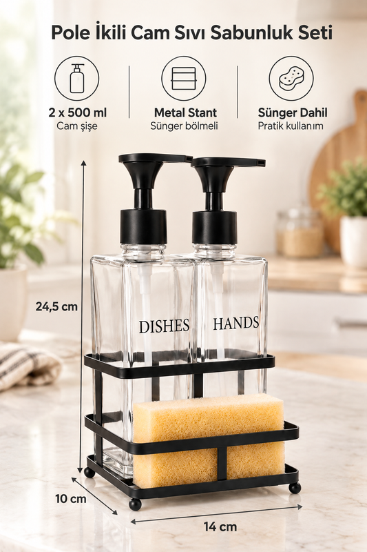 Siyah Metal Stantlı Pole İkili Cam Sıvı Sabunluk Seti, 2 x 500 ml, 14 x 10 x 24,5 cm, Sünger Dahil