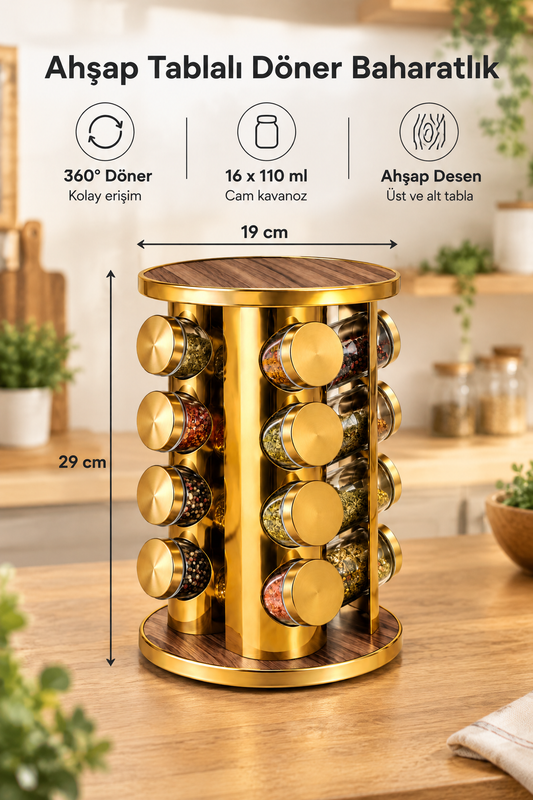 360° Döner Altın Renk Yuvarlak Ahşap Metal Stantlı 16'lı Cam Baharatlık Seti, 19 cm çap, 29 cm yükseklik