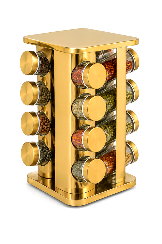 16'lı Kare Altın Renk 360° Dönebilen Metal Stantlı Baharatlık Seti, 16x16x29 cm